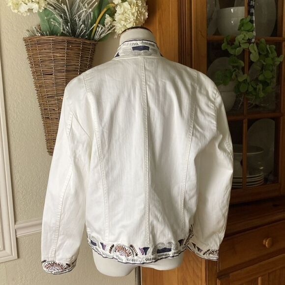 Embellished & Embroidered Coldwater Creek White Denim Open Front Jacket Size PL - Picture 5 of 12